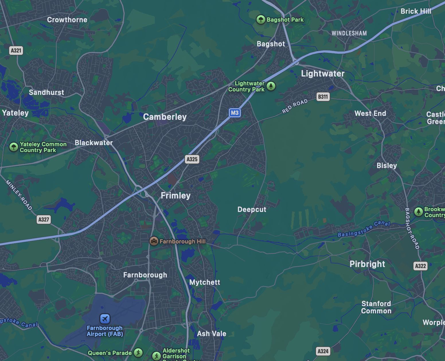 Delivery coverage map showing Camberley, Farnborough, Bagshot, Lightwater and nearby areas